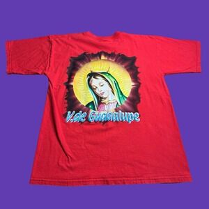 Virgen de Guadalupe T Shirt S/M Red Religious Graphic 2 Sided Virgin Mary